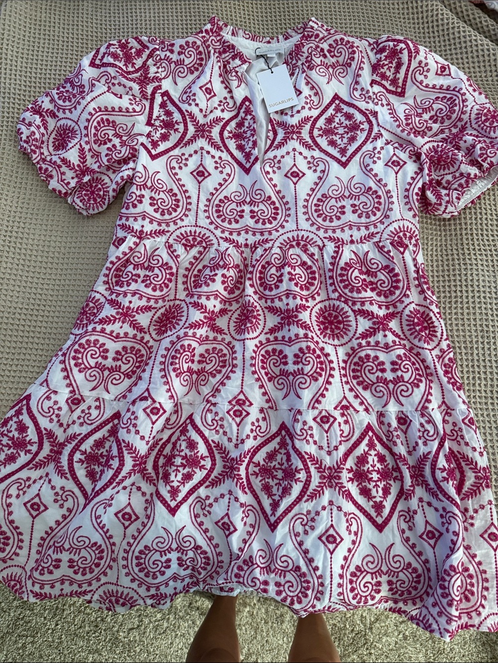 Sugarlips White Dress with Pink Paisley Eyelet Print